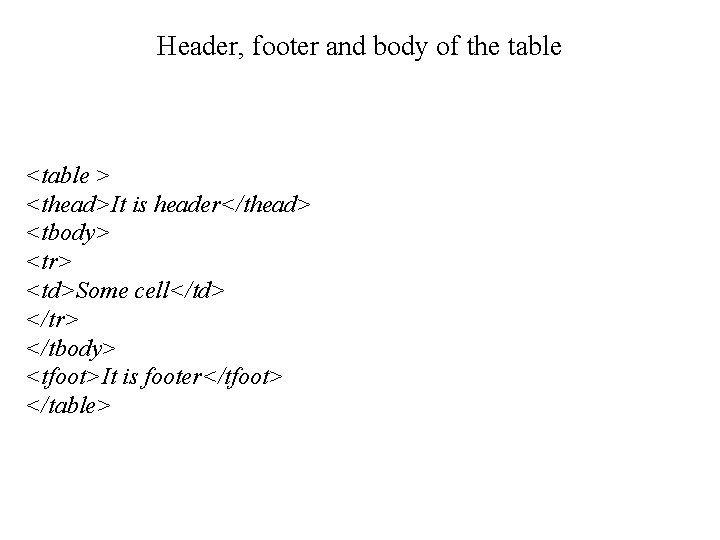 Header, footer and body of the table <table > <thead>It is header</thead> <tbody> <tr>