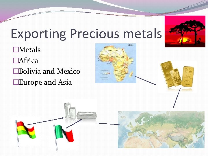 Exporting Precious metals �Metals �Africa �Bolivia and Mexico �Europe and Asia 