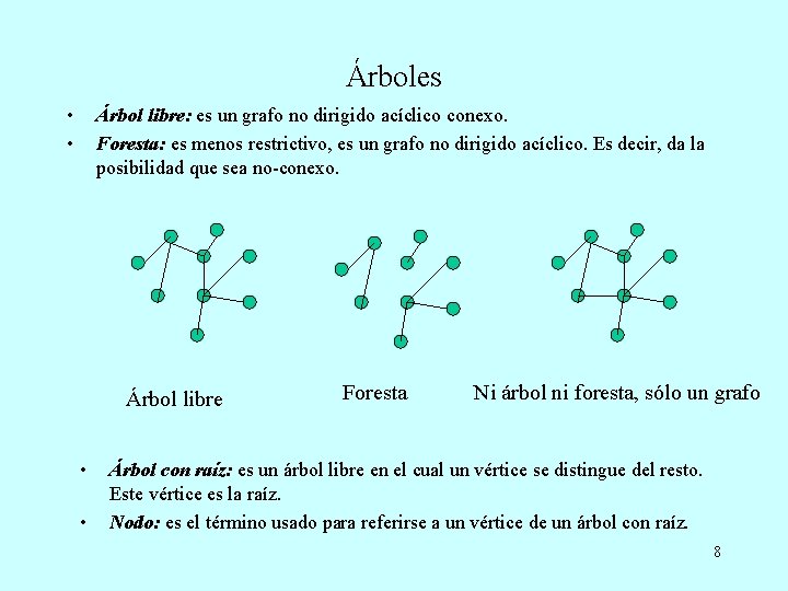 Árboles • • Árbol libre: es un grafo no dirigido acíclico conexo. Foresta: es