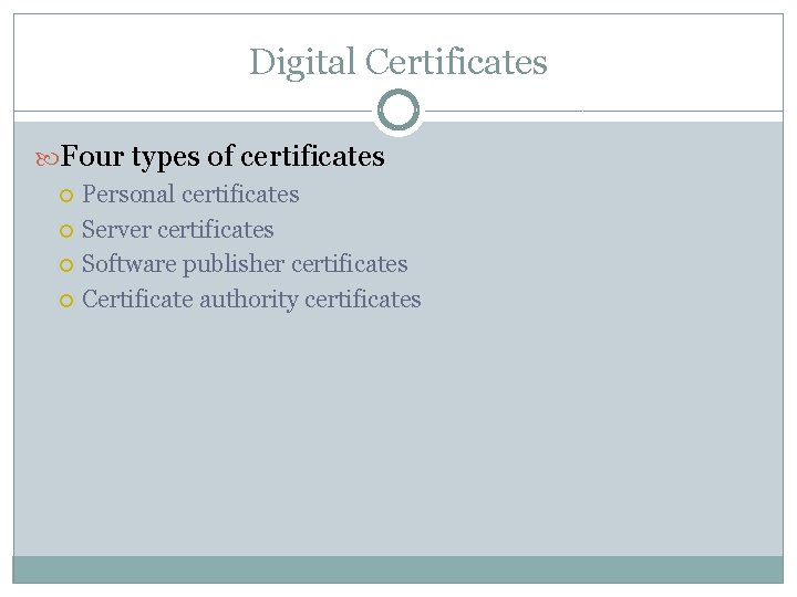Digital Certificates Four types of certificates Personal certificates Server certificates Software publisher certificates Certificate