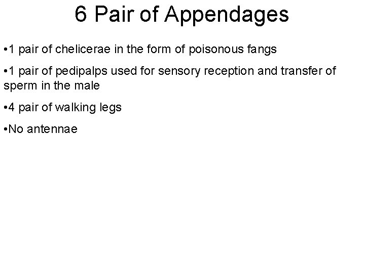 6 Pair of Appendages • 1 pair of chelicerae in the form of poisonous