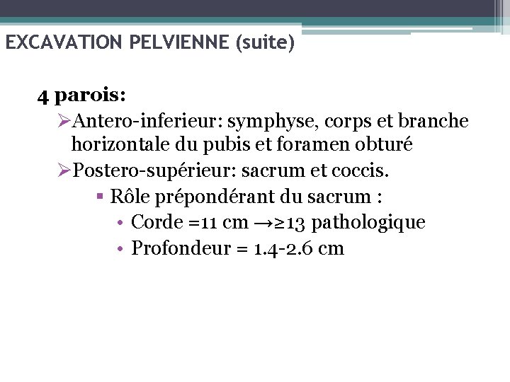 EXCAVATION PELVIENNE (suite) 4 parois: ØAntero-inferieur: symphyse, corps et branche horizontale du pubis et