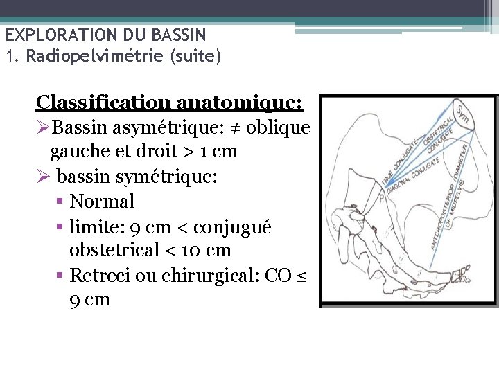 EXPLORATION DU BASSIN 1. Radiopelvimétrie (suite) Classification anatomique: ØBassin asymétrique: ≠ oblique gauche et