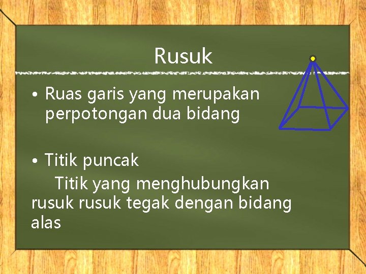 Rusuk • Ruas garis yang merupakan perpotongan dua bidang • Titik puncak Titik yang