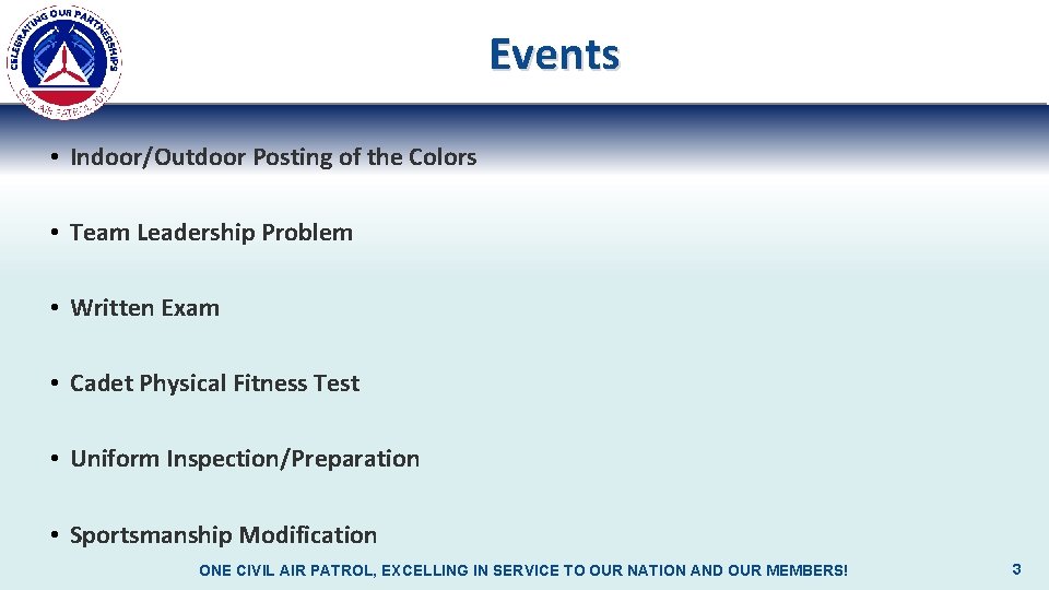 Events • Indoor/Outdoor Posting of the Colors • Team Leadership Problem • Written Exam