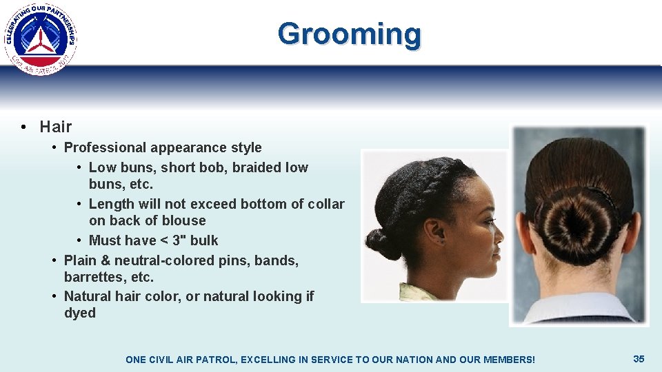 Grooming • Hair • Professional appearance style • Low buns, short bob, braided low