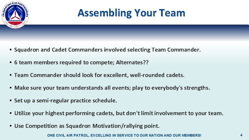 Assembling Your Team • Squadron and Cadet Commanders involved selecting Team Commander. • 6