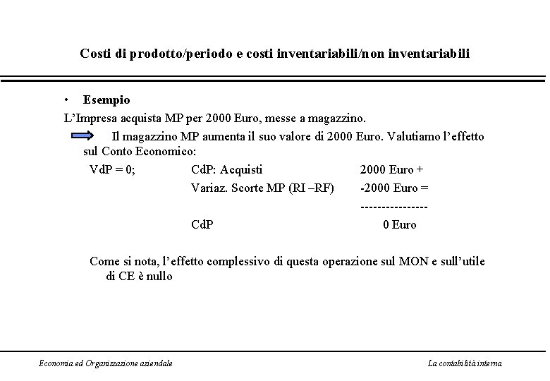 Costi di prodotto/periodo e costi inventariabili/non inventariabili • Esempio L’Impresa acquista MP per 2000