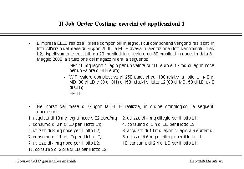 Il Job Order Costing: esercizi ed applicazioni 1 • L'impresa ELLE realizza librerie componibili