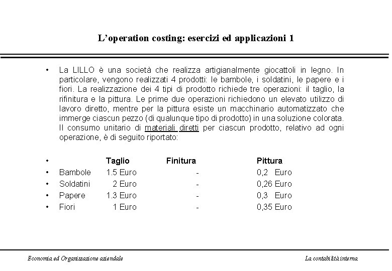 L’operation costing: esercizi ed applicazioni 1 • • • La LILLO è una società