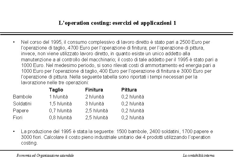 L’operation costing: esercizi ed applicazioni 1 • Nel corso del 1995, il consumo complessivo