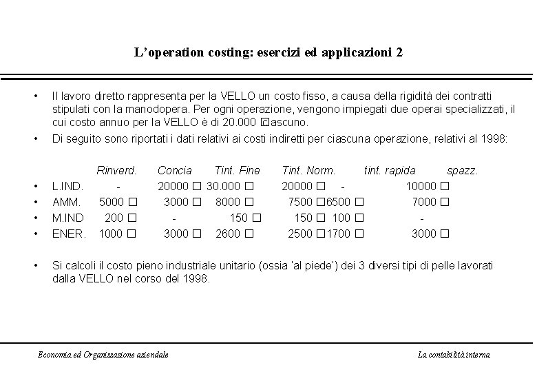 L’operation costing: esercizi ed applicazioni 2 • • Il lavoro diretto rappresenta per la