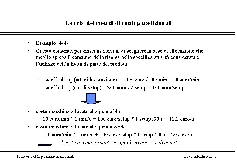 La crisi dei metodi di costing tradizionali • • Esempio (4/4) Questo consente, per