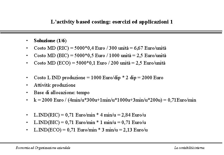 L’activity based costing: esercizi ed applicazioni 1 • • Soluzione (1/6) Costo MD (RIC)