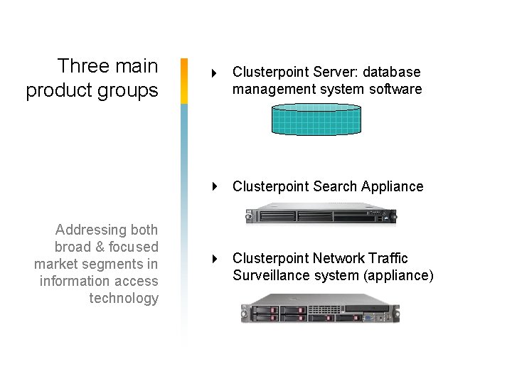 Three main product groups Clusterpoint Server: database management system software Clusterpoint Search Appliance Addressing