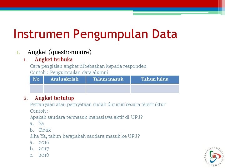 Instrumen Pengumpulan Data 1. Angket (questionnaire) 1. Angket terbuka Cara pengisian angket dibebaskan kepada