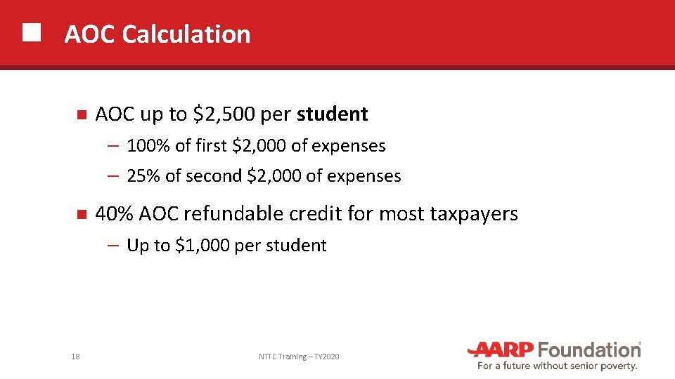 AOC Calculation AOC up to $2, 500 per student ─ 100% of first $2,