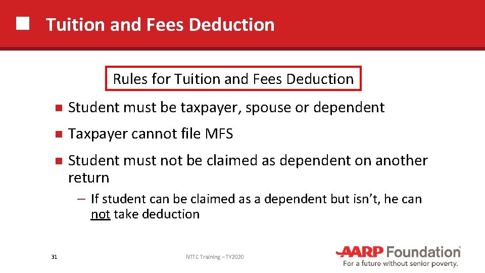 Tuition and Fees Deduction Rules for Tuition and Fees Deduction Student must be taxpayer,