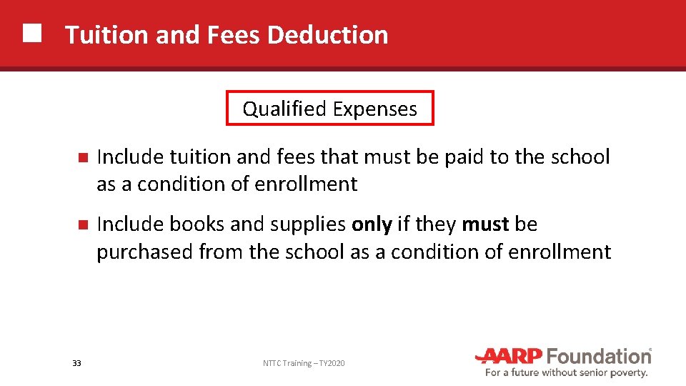 Tuition and Fees Deduction Qualified Expenses Include tuition and fees that must be paid