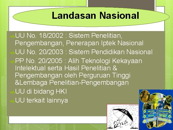 Landasan Nasional UU No. 18/2002 : Sistem Penelitian, Pengembangan, Penerapan Iptek Nasional UU No.