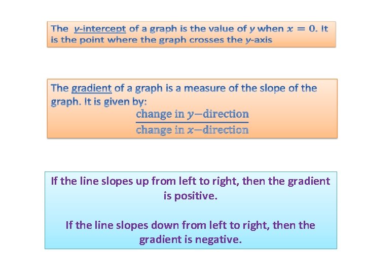 If the line slopes up from left to right, then the gradient is positive.