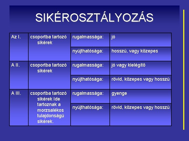 SIKÉROSZTÁLYOZÁS Az I. A III. csoportba tartozó sikérek Ide tartoznak a morzsalékos tulajdonságú sikérek.