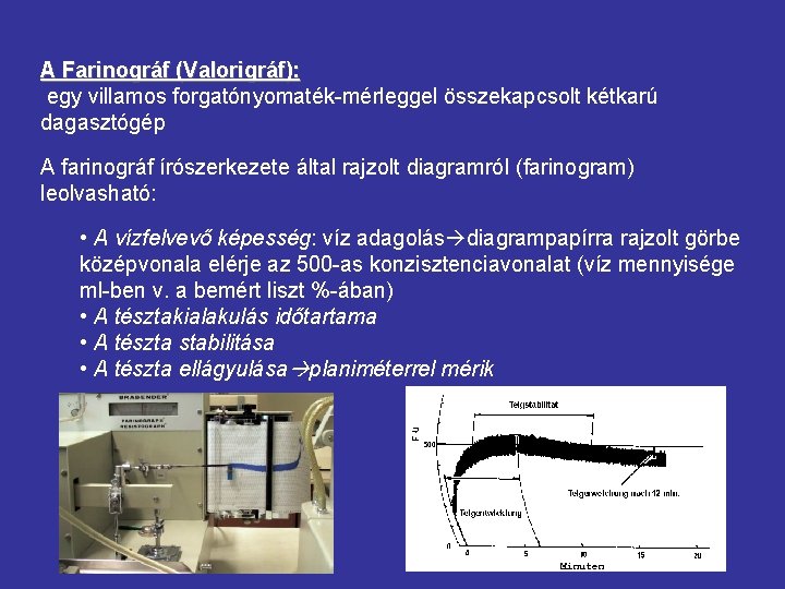 A Farinográf (Valorigráf): egy villamos forgatónyomaték-mérleggel összekapcsolt kétkarú dagasztógép A farinográf írószerkezete által rajzolt