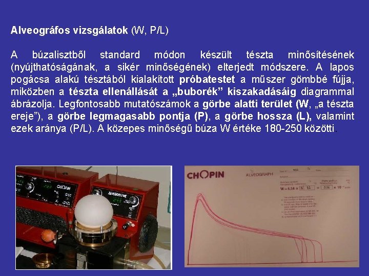 Alveográfos vizsgálatok (W, P/L) A búzalisztből standard módon készült tészta minősítésének (nyújthatóságának, a sikér