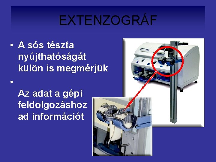 EXTENZOGRÁF • A sós tészta nyújthatóságát külön is megmérjük • Az adat a gépi