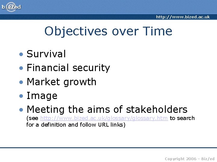 http: //www. bized. ac. uk Objectives over Time • Survival • Financial security •