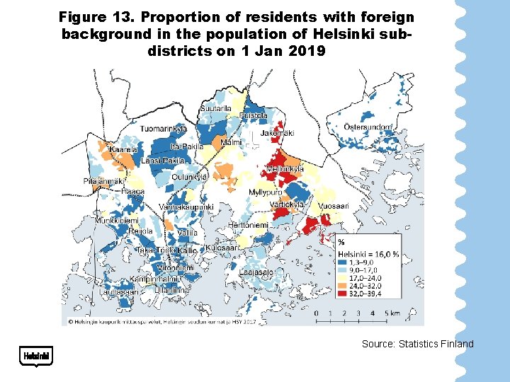 Figure 13. Proportion of residents with foreign background in the population of Helsinki subdistricts