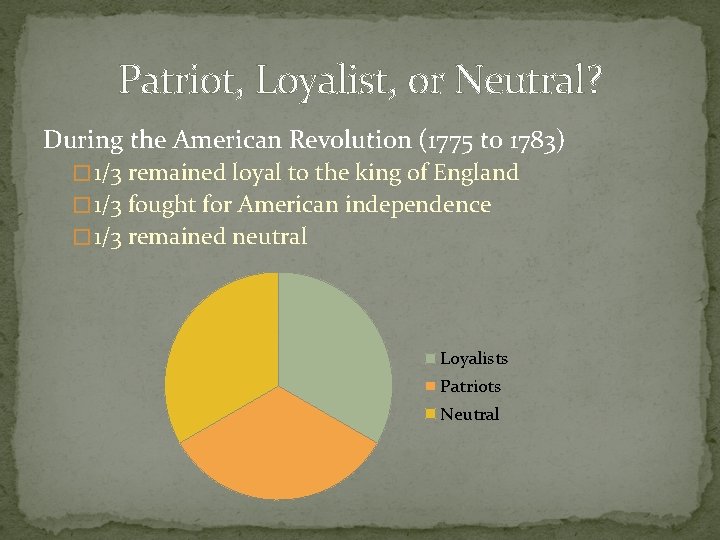 Patriot, Loyalist, or Neutral? During the American Revolution (1775 to 1783) � 1/3 remained