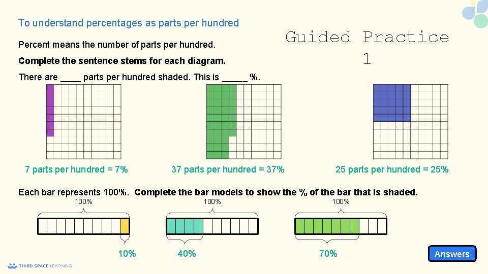 To understand percentages as parts per hundred Percent means the number of parts per