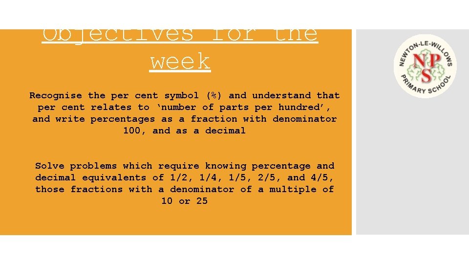 Objectives for the week Recognise the per cent symbol (%) and understand that per