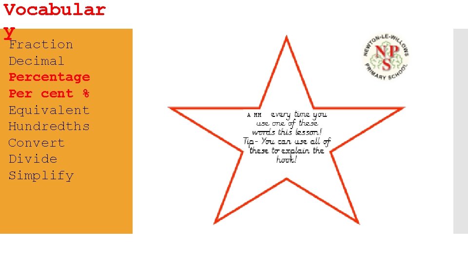 Vocabular y Fraction Decimal Percentage Per cent % Equivalent Hundredths Convert Divide Simplify A