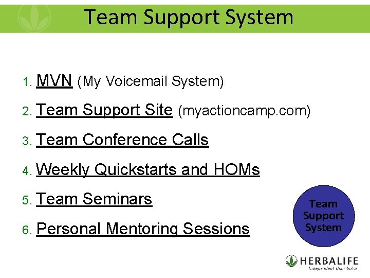 Team Support System 1. MVN (My Voicemail System) 2. Team Support Site (myactioncamp. com)