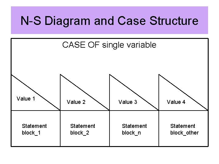 N-S Diagram and Case Structure CASE OF single variable Value 1 Statement block_1 Value
