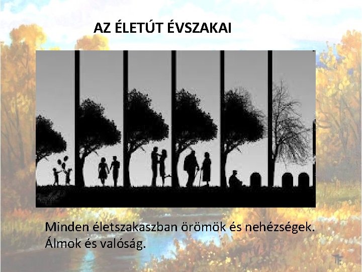 AZ ÉLETÚT ÉVSZAKAI Minden életszakaszban örömök és nehézségek. Álmok és valóság. 
