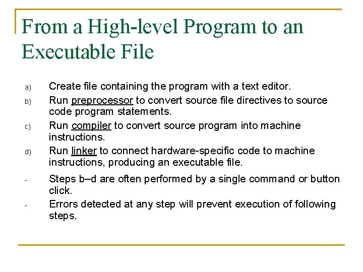 From a High-level Program to an Executable File a) b) c) d) - Create