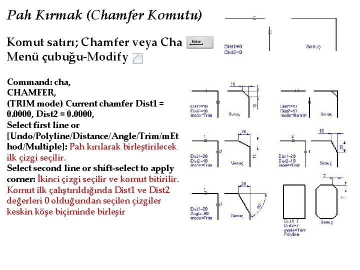 Pah Kırmak (Chamfer Komutu) Komut satırı; Chamfer veya Cha Menü çubuğu-Modify Command: cha, CHAMFER,