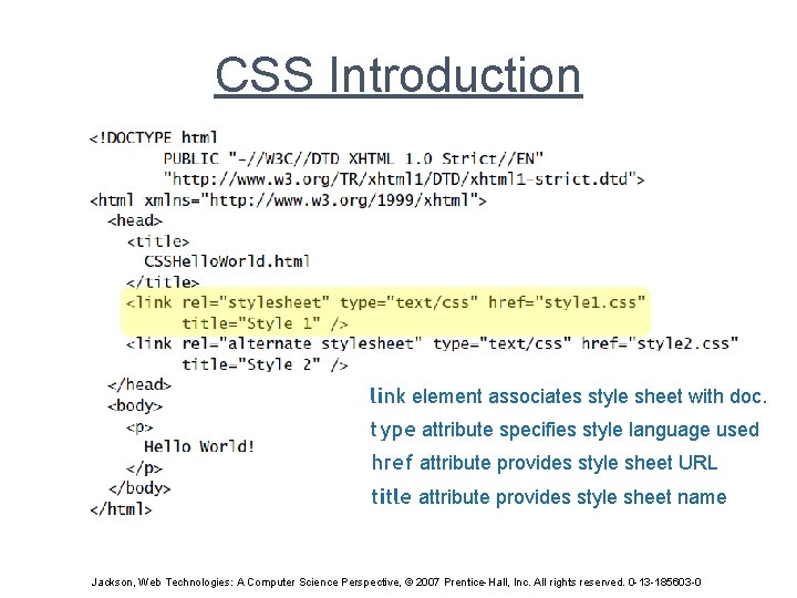 CSS Introduction link element associates style sheet with doc. type attribute specifies style language