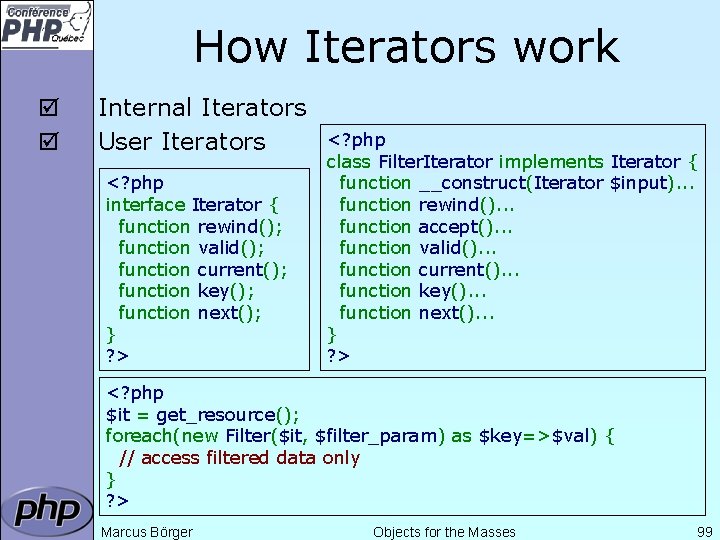 How Iterators work þ þ Internal Iterators User Iterators <? php interface Iterator {