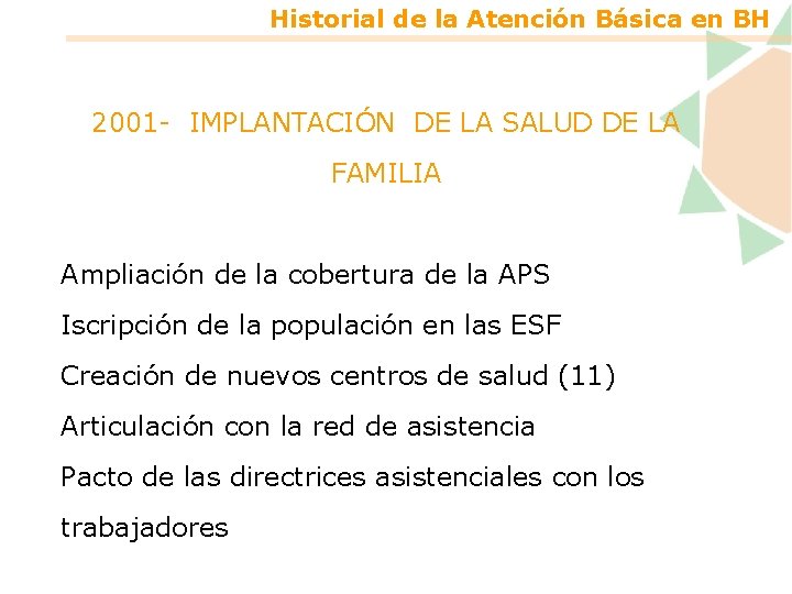 Historial de la Atención Básica en BH 2001 - IMPLANTACIÓN DE LA SALUD DE