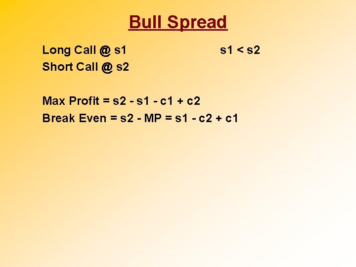 Bull Spread Long Call @ s 1 Short Call @ s 2 s 1