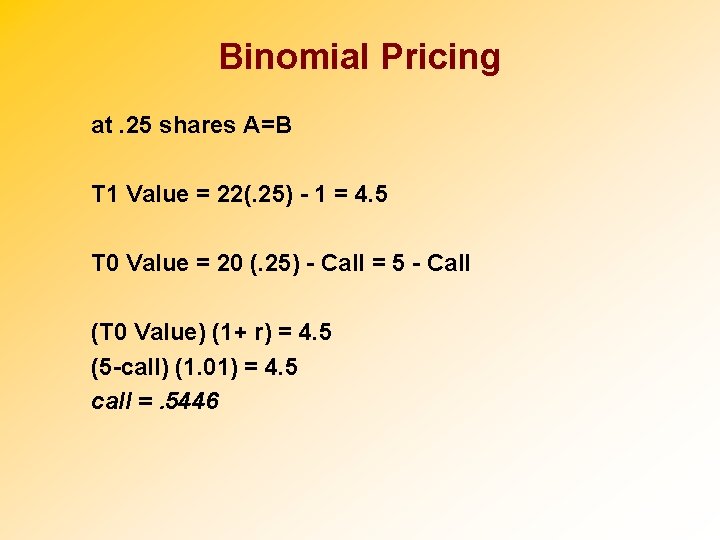 Binomial Pricing at. 25 shares A=B T 1 Value = 22(. 25) - 1