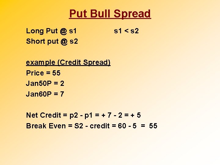 Put Bull Spread Long Put @ s 1 Short put @ s 2 s