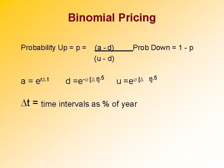 Binomial Pricing Probability Up = a= er. D t d (a - d) (u