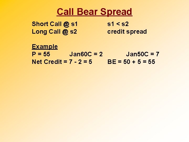 Call Bear Spread Short Call @ s 1 Long Call @ s 2 s