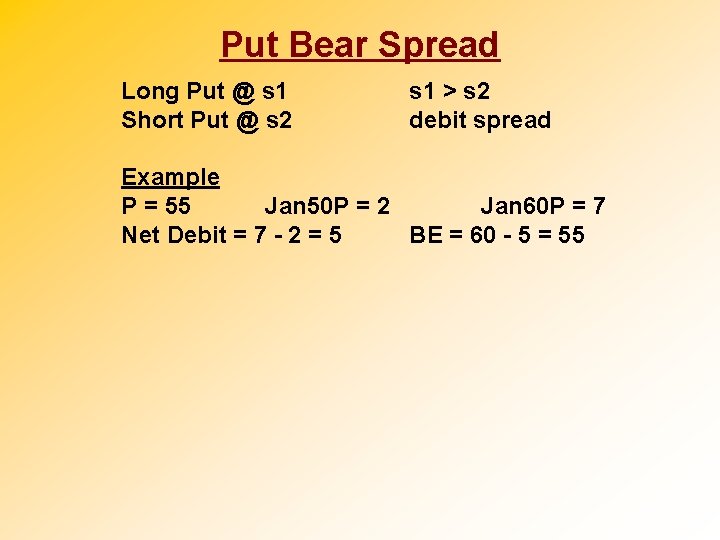 Put Bear Spread Long Put @ s 1 Short Put @ s 2 s