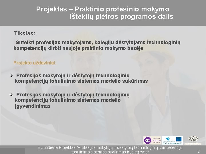Projektas – Praktinio profesinio mokymo išteklių plėtros programos dalis Tikslas: Suteikti profesijos mokytojams, kolegijų